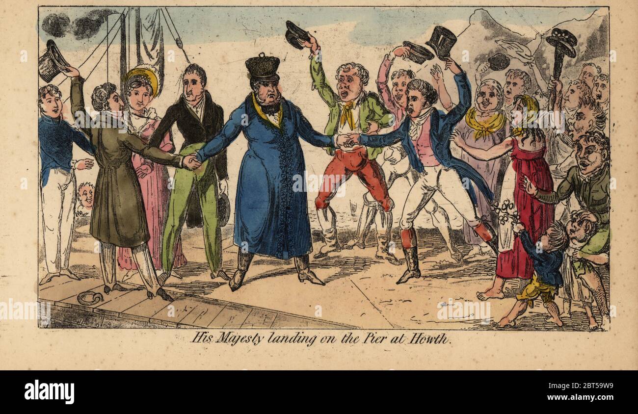 Re Giorgio IV d'Inghilterra che arriva per il suo tour in Irlanda, 12 agosto 1821. I contadini irlandesi alzano i cappelli e si acclamano. Sua Maestà atterra sul molo di Howth. Incisione a mano da Pierce Egans Real Life in Irlanda, o le scene di giorno e notte, rovings, Rambles, e sprees, Bulls, Blunders, Bodderation e Blarney, di Brian Boru Esq., e il suo elegante amico Sir Shawn Odogherty, pubblicato da William Evans, Londra, 1829. Foto Stock