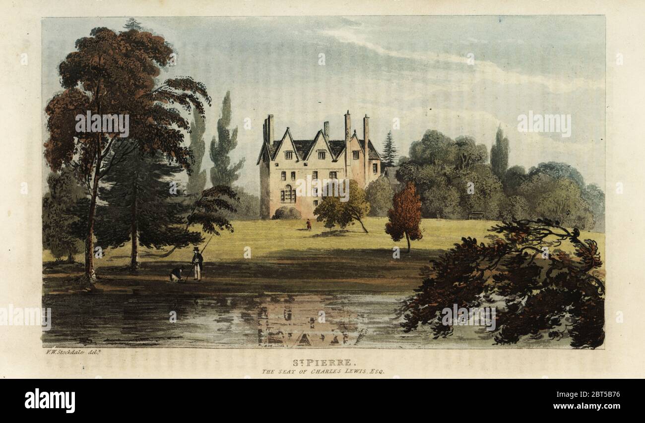Casa padronale di St. Pierre, Monboccuthshire, Galles, sede di Charles Lewis. Incisione a mano su copperplate dopo un'illustrazione di F.W.L. Stockdale dal Rudolph Ackermanns Repository of Arts, Londra, 1825. Foto Stock