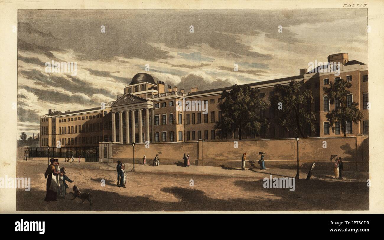 Bethlem Royal Hospital o Bedlam Hospital a St. Georges Fields, Southwark, 1816. Ora il Museo Imperiale della Guerra. Progettato dal geometra James Lewis in stile neoclassico con portico e sei colonne doriche. Incisione a mano su copperplate dal Rudolph Ackermanns Repository of Arts, Londra, 1817. Foto Stock