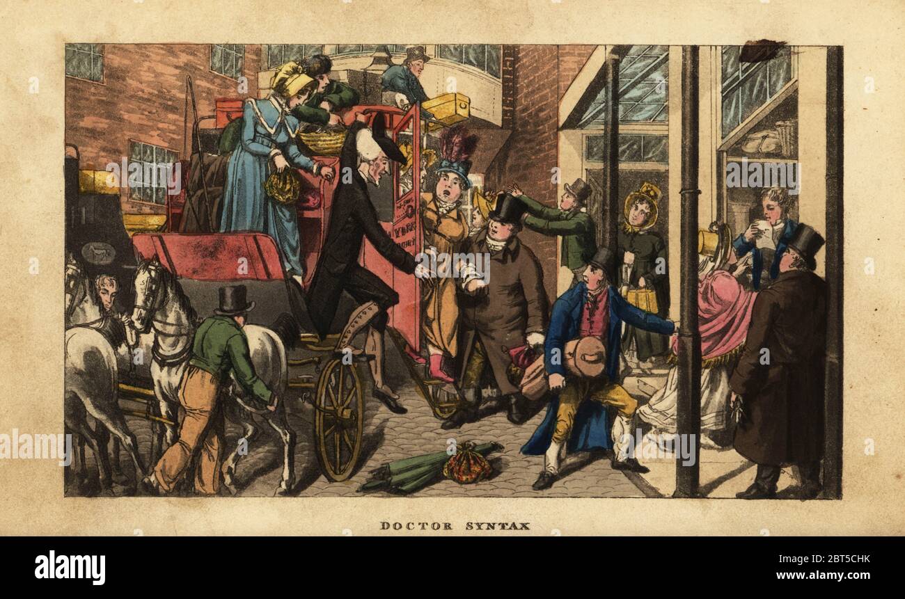 Il dott. sintassi e la moglie discendente da un autobus a Londra. Sintassi del medico che arrivano a Londra. Handcolored incisione su rame dopo una illustrazione da Isaac Robert Cruikshank dal Tour di sintassi medico attraverso Londra nei piaceri e miserie della metropoli, J. Johnson, Londra, 1820. Foto Stock