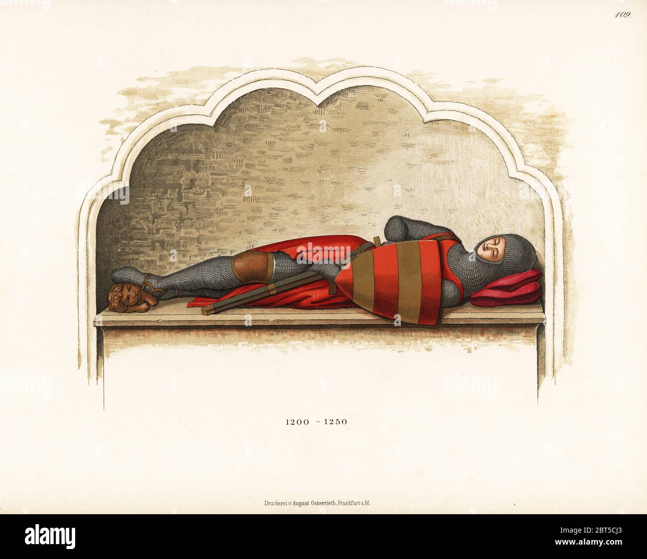 Costume di un cavaliere inglese, inizio del XIII secolo. Dall'effige di Robert Harcourt, morì 1205, cattedrale di Worcester. Chromolithograph da Hefner-Alteneck i costumi, opere d'arte e apparecchi dal Medioevo fino al XVII secolo, Francoforte, 1889. Illustrazione dal dottor Jakob Heinrich von Hefner-Alteneck, litografata da C.R. Il dott. Hefner-Alteneck (1811 - 1903) era un museo tedesco curatore, archeologo, storico dell'arte, illustratore e incisore. Foto Stock