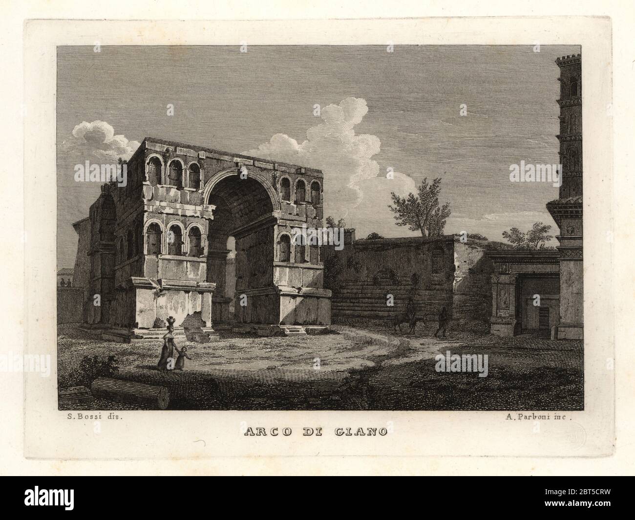 Vista delle rovine dell'Arco di Giano, Arco di Giano, Roma. Incisione su rame di A. Parboni dopo una illustrazione da Sylvestro Bossi da Achille Parboni la nuova raccolta delle principali vedute antiche e moderne della città di Roma, 1830. Foto Stock