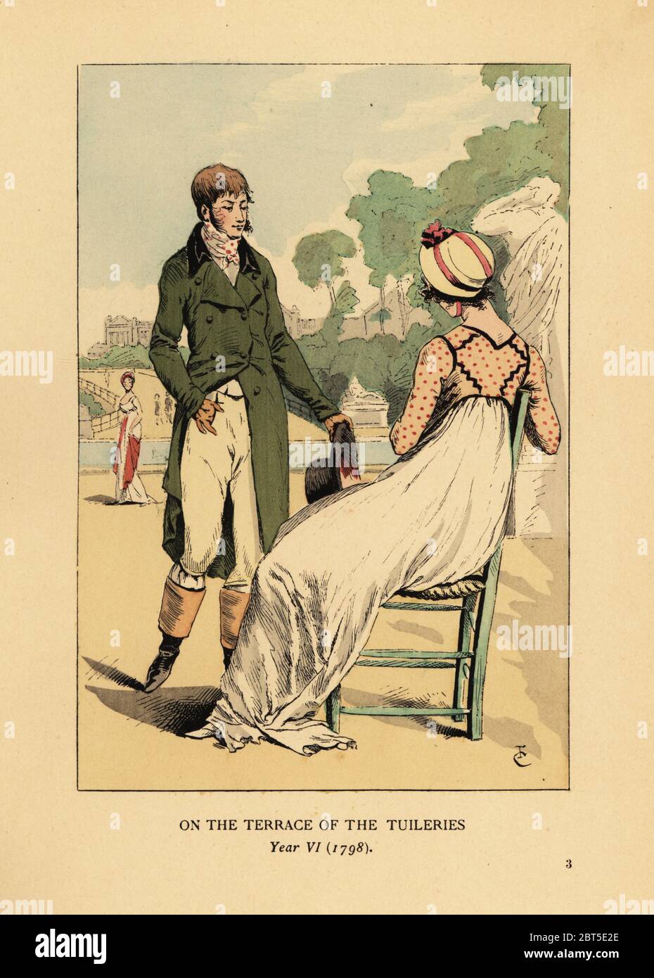 Coppia alla moda sulla terrazza delle Tuileries, Parigi, anno VI, 1798. Litografia colorata a mano di R.V. dopo un'illustrazione di Francois Courboin da Octave Uzannes Fashion a Parigi, William Heinemann, Londra, 1898. Foto Stock