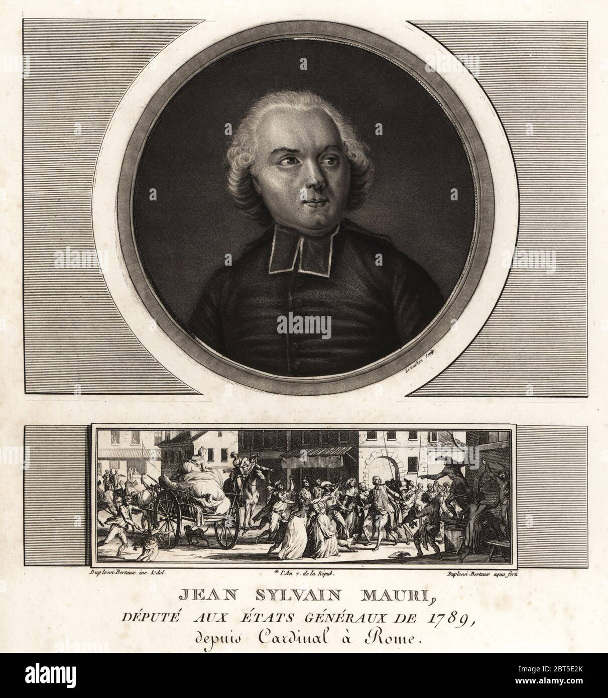 Jean-Sylvain Mauri o Jean-Sifrein Maury (1746-1817), francese cardinale arcivescovo e vescovo di Montefiascone. Mostra di vignette lui quasi impiccato da una lampada-ferro da parte di una folla e risposta Eh, Monsieur, quand vous m'aurez mis una la lanterne, y verrez-vous plus clair! Mezzatinta disegnato e inciso da Jean Duplessis-Bertaux dalla sua collezione completa de 60 ritratti des Personnages qui ont le plus figura dans la Rivoluzione Francaise, Auber, coppie, 1800. Ritratto inciso da Charles Francois Gabriel Levachez. Foto Stock