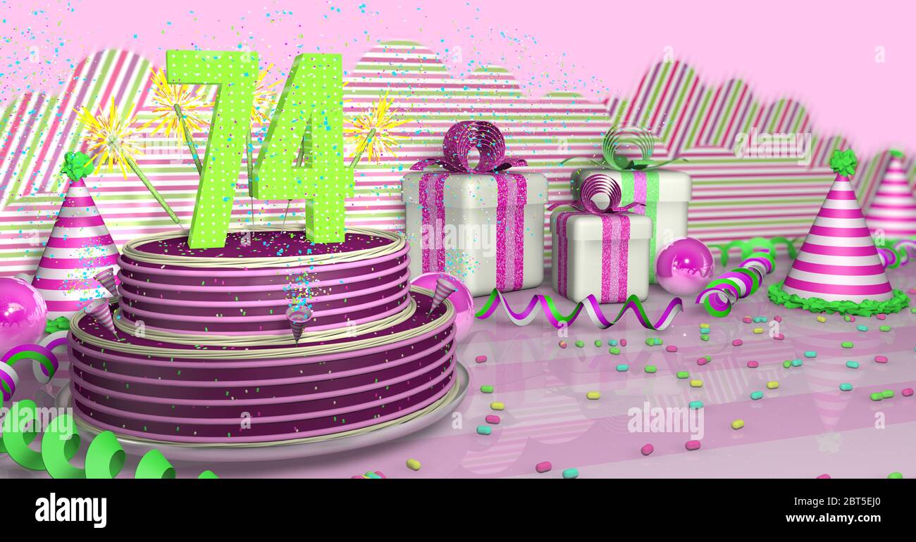 Torta di compleanno viola rotonda 74 decorata con scintille colorate e linee rosa su un tavolo luminoso con ruscelli verdi, cappelli da festa e scatole regalo con pin Foto Stock