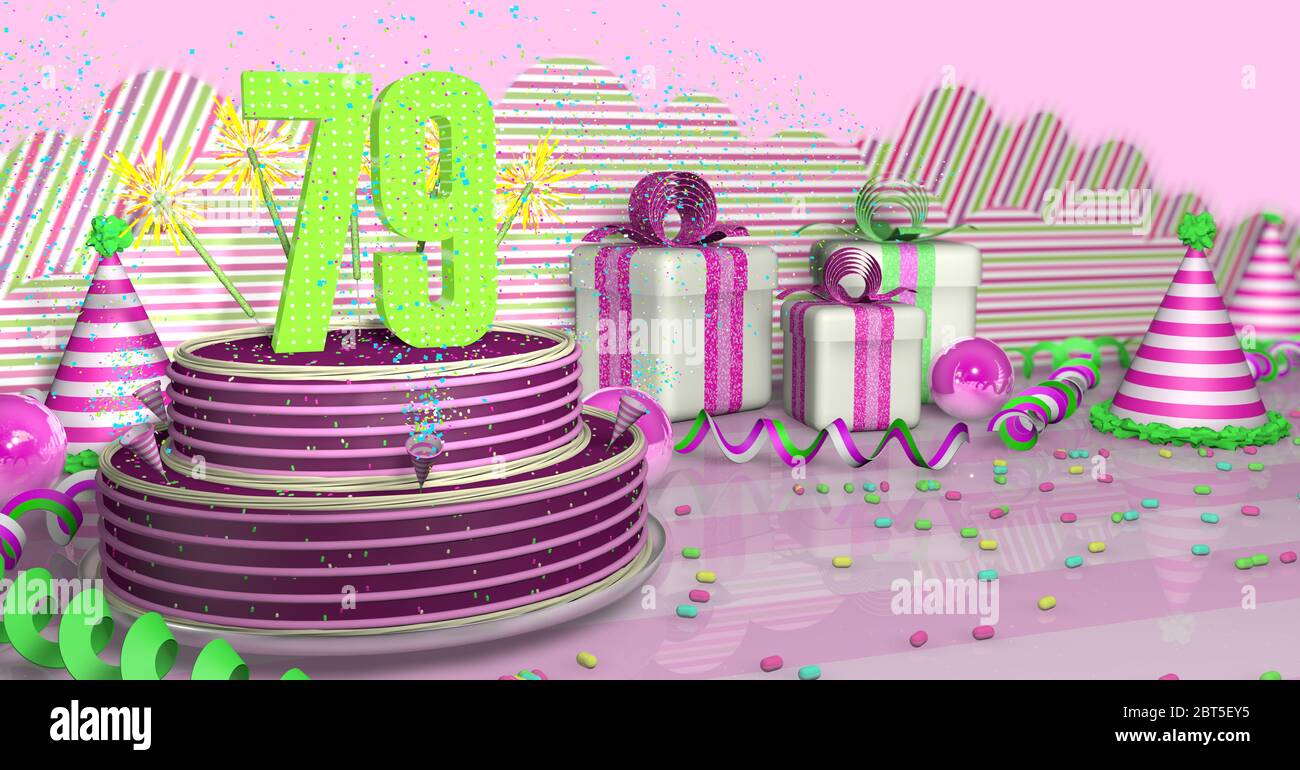 Torta di compleanno viola rotonda 79 decorata con scintille colorate e linee rosa su un tavolo luminoso con ruscelli verdi, cappelli da festa e scatole regalo con pin Foto Stock