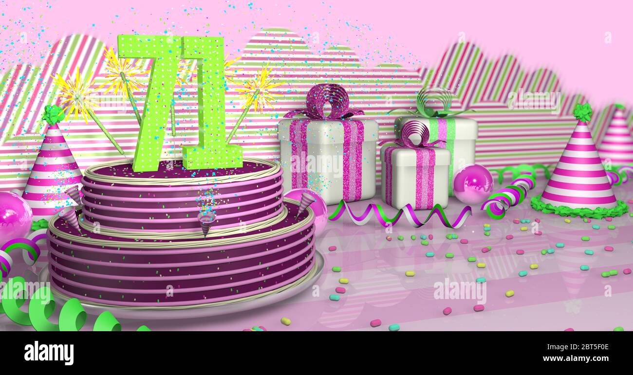 Torta di compleanno viola rotonda 71 decorata con scintille colorate e linee rosa su un tavolo luminoso con ruscelli verdi, cappelli da festa e scatole regalo con pin Foto Stock