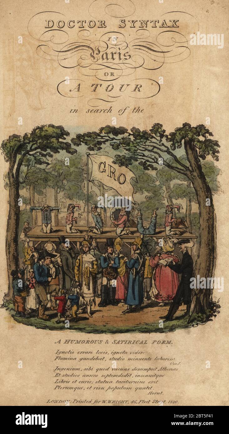 Frontespizio con vignette di una scena in un parco di Parigi, 1820. Pagliacci eseguire su un palco. Il dott. sintassi e la moglie di un drago, una scimmia e mostra un ragazzo di post in pesanti stivali in legno. Handcolored incisione su rame disegnato e inciso da Charles Williams dal medico sintassi in Parigi; o un Tour in cerca del grottesco, W. Wright, Londra, 1820. Foto Stock