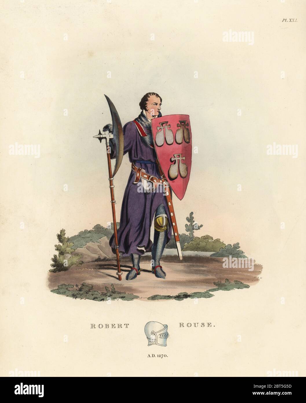 Robert Rouse, Kinght Templar, 1270. Egli indossa una veste lunga surcoat oltre chainmail hauberk e chausses, ginocchio poleyns, e porta una grande ascia e scudo con stemma. Da un'effigie nel Tempio la Chiesa. Litografia Handcolored dopo una illustrazione da S.R. Meyrick da Sir Samuel Rush Meyrick è un Critical Inquiry in Antient corazza, John Dowding, Londra, 1842. Foto Stock