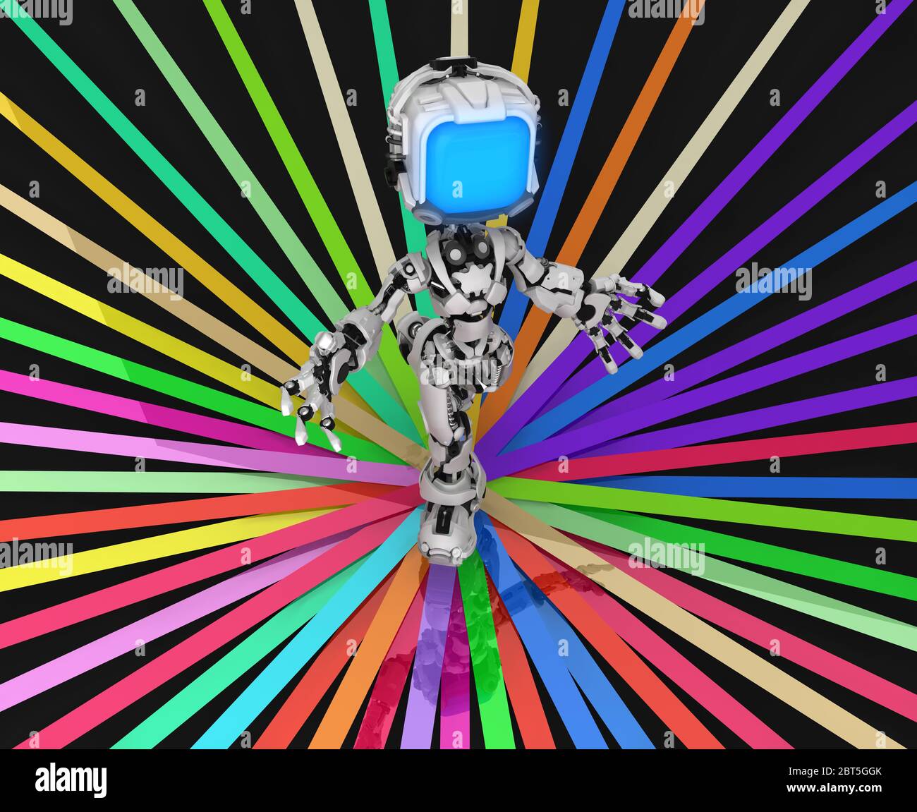 Schermo robot figura carattere posa colori nastri fuoco, illustrazione 3d, orizzontale Foto Stock