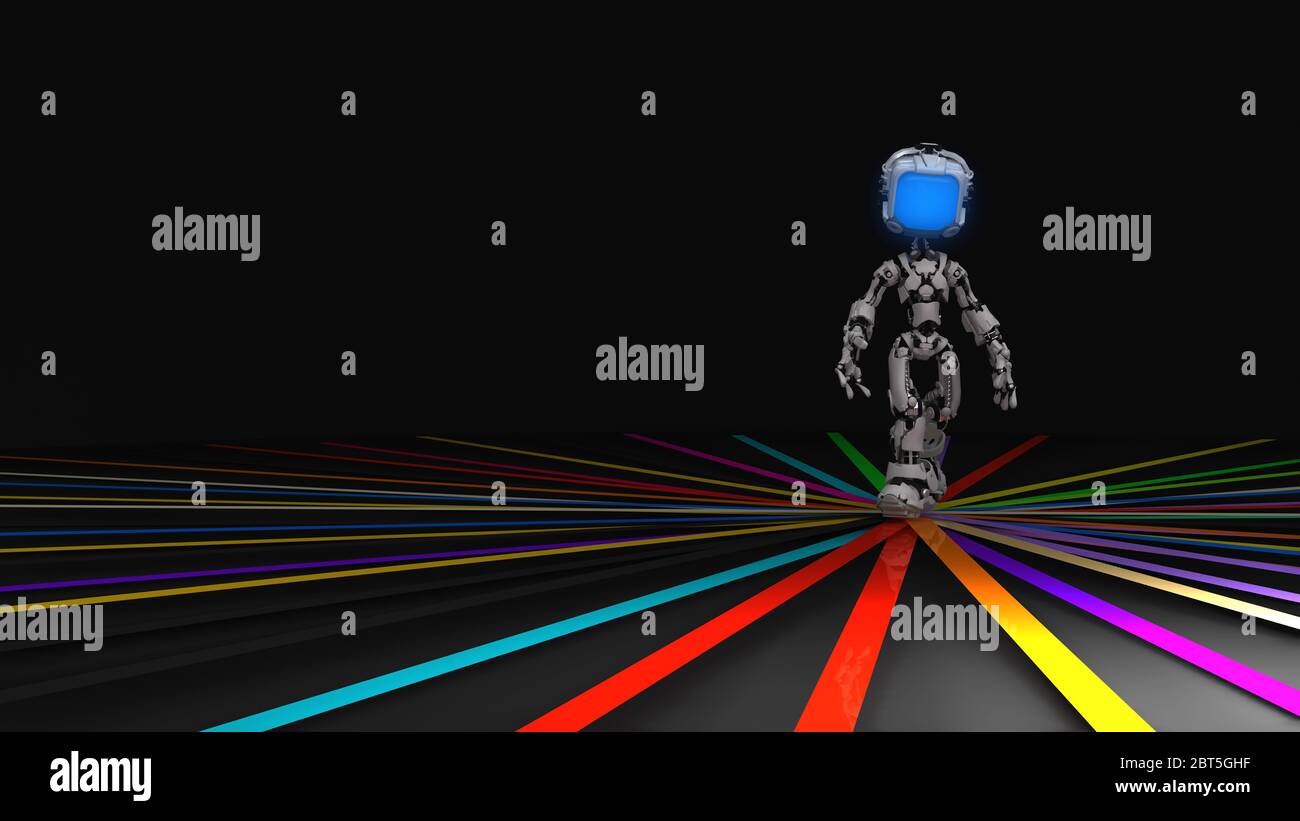 Schermo robot figura carattere posa colori nastri camminare, illustrazione 3d, orizzontale Foto Stock