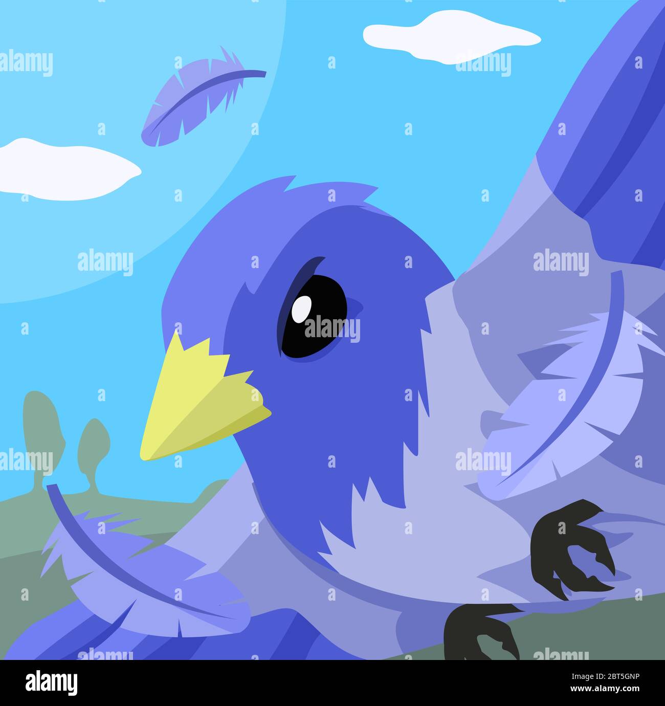 Uccello cartoon blu in primo piano volo, illustrazione vettoriale a colori, orizzontale Illustrazione Vettoriale