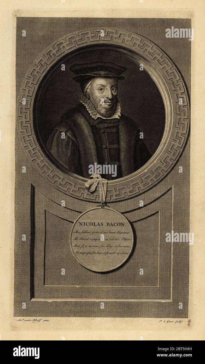 Sir Nicholas Bacon, Signore custode del Grande Sigillo, politico inglese. Nicolas Bacon. Incisione su copperplate di Pieter Stevens van Gunst dopo Adriaen van der Werff da Isaac de Larreys Histoire dAngleterre, dEcosse et dIrlande, Amsterdam, 1730. Foto Stock