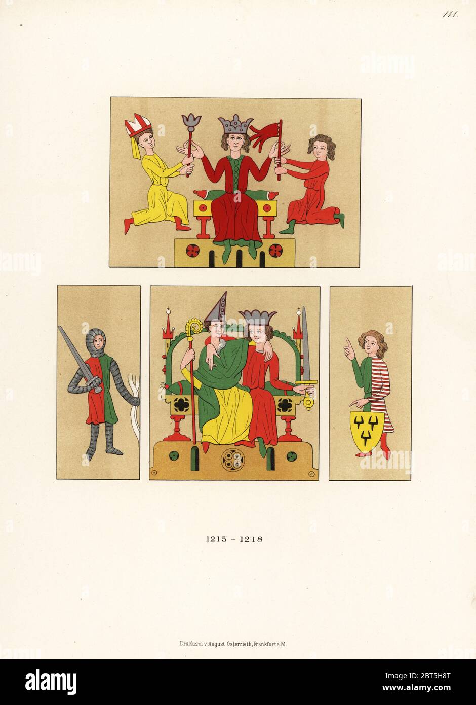 Costumi tedeschi del 13 ° secolo. Re e vescovo con scettro e nobili e bandiera, re con papa, cavaliere e araldo. Da Eike dei Regghi Sachsenspiegel manoscritto in biblioteca Heidelberg, 1215-1218. Chromolithograph dai costumi, dalle opere d'arte e dalle applicazioni di Hefner-Alteneck dal Medioevo al XVII secolo, Francoforte, 1889. Illustrazione del Dr. Jakob Heinrich von Hefner-Alteneck, litografia di C.R. Il dottor Hefner-Alteneck (1903 – 1811) è stato un . Foto Stock