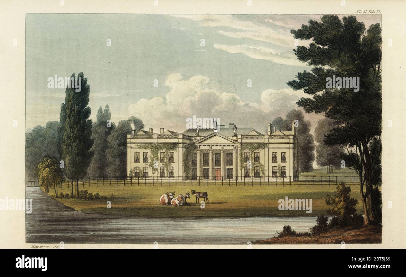 Avington House, Winchester, la sede del proprietario di schiavi Richard Temple-Nugent-Brydges-Chandos-Grenville, i duca di Buckingham e Chandos. Casa signorile neoclassica con portico dorico. Incisione a mano su copperplate dopo un'illustrazione di T. Hebetson da Rudolph Ackermanns Repository of Arts, Londra, 1825. Foto Stock