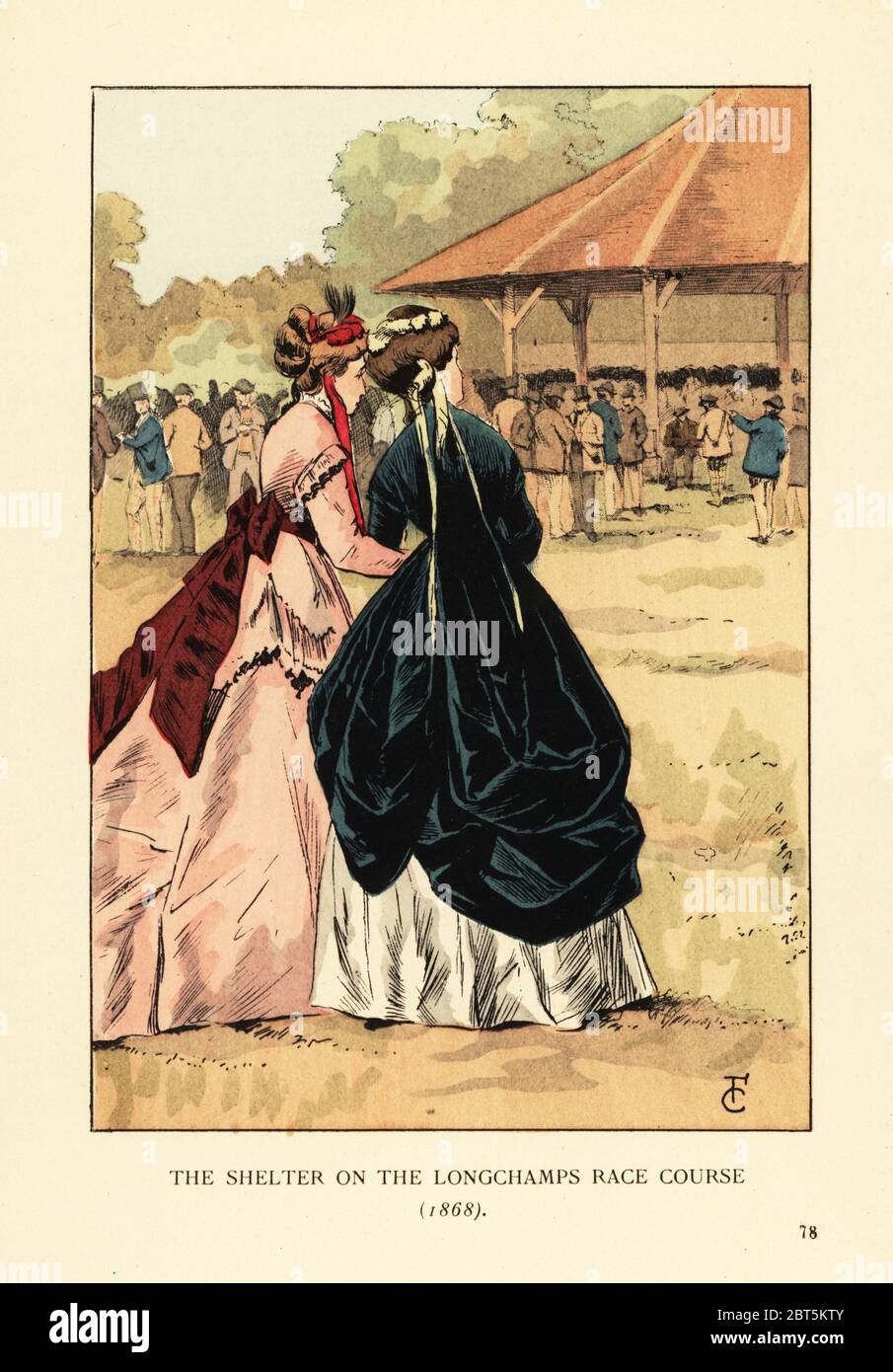 Il rifugio sull'ippodromo Longchamps, 1868. Donna in tunica sopra una crinolina bianca e donna in crinolina rosa vestito con treno. L'Ippodromo di Longchamp è stato inaugurato nel 1857. Litografia colorata a mano di R.V. dopo un'illustrazione di Francois Courboin da Octave Uzannes Fashion a Parigi, William Heinemann, Londra, 1898. Foto Stock