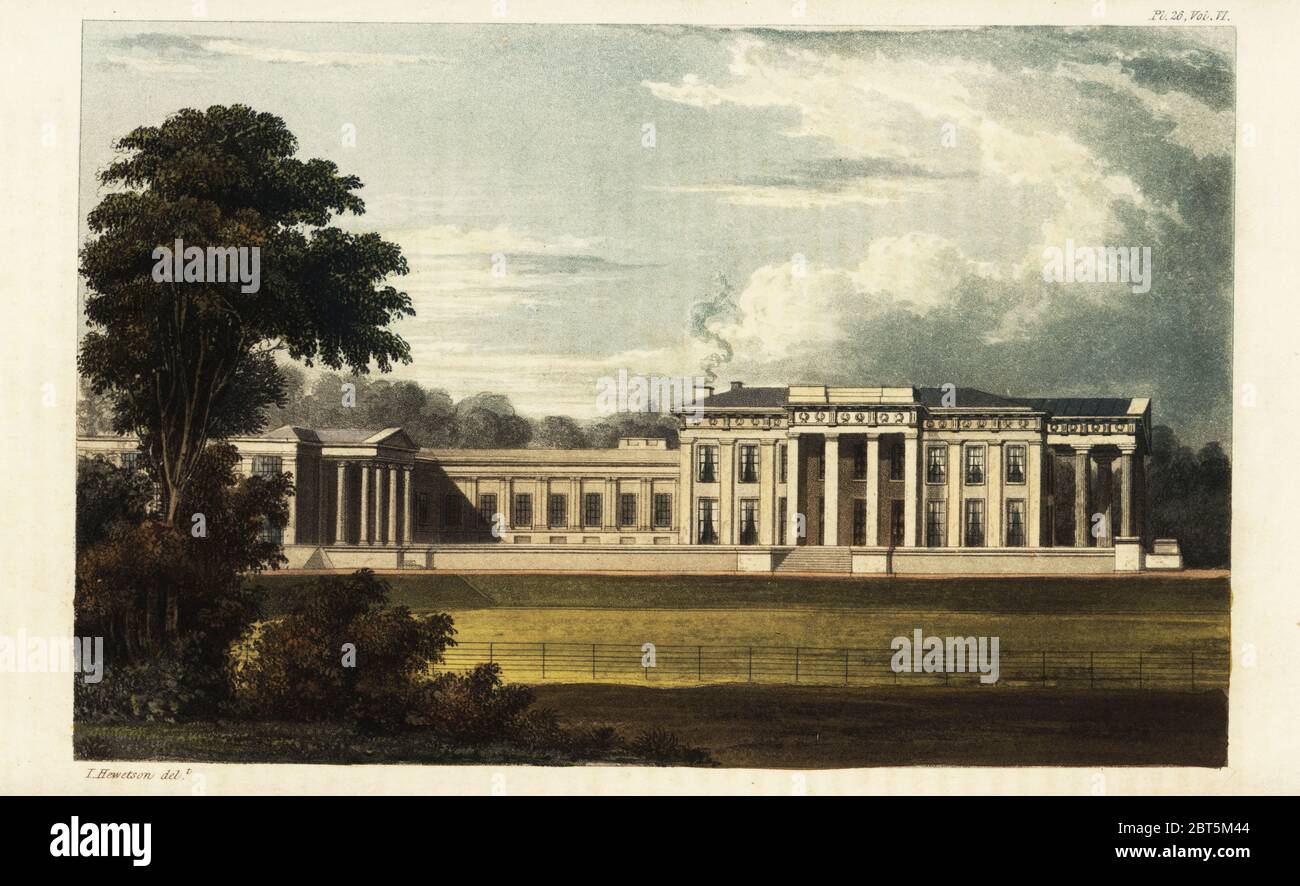 The Grange, Alresford, Hampshire, sede del banchiere e proprietario di schiavi Alexander Baring. Casa signorile neoclassica con portico dorico progettato da Inigo Jones, William Wilkins e Samuel Pepys Cockerell basato sul Partenone. Incisione a mano su copperplate dopo un'illustrazione di T. Hebetson da Rudolph Ackermanns Repository of Arts, Londra, 1825. Foto Stock