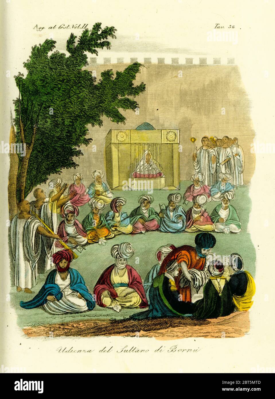 Udienza con il sultano di Bornu, xix secolo. Gli ospiti siedono 100 passi dal sultano che li viste dall'interno di una gabbia di bambù. Handcolored incisione su rame da Giulio Ferrario costumi dell Antico e Moderno di tutti i popoli del mondo, Firenze, 1834. Foto Stock
