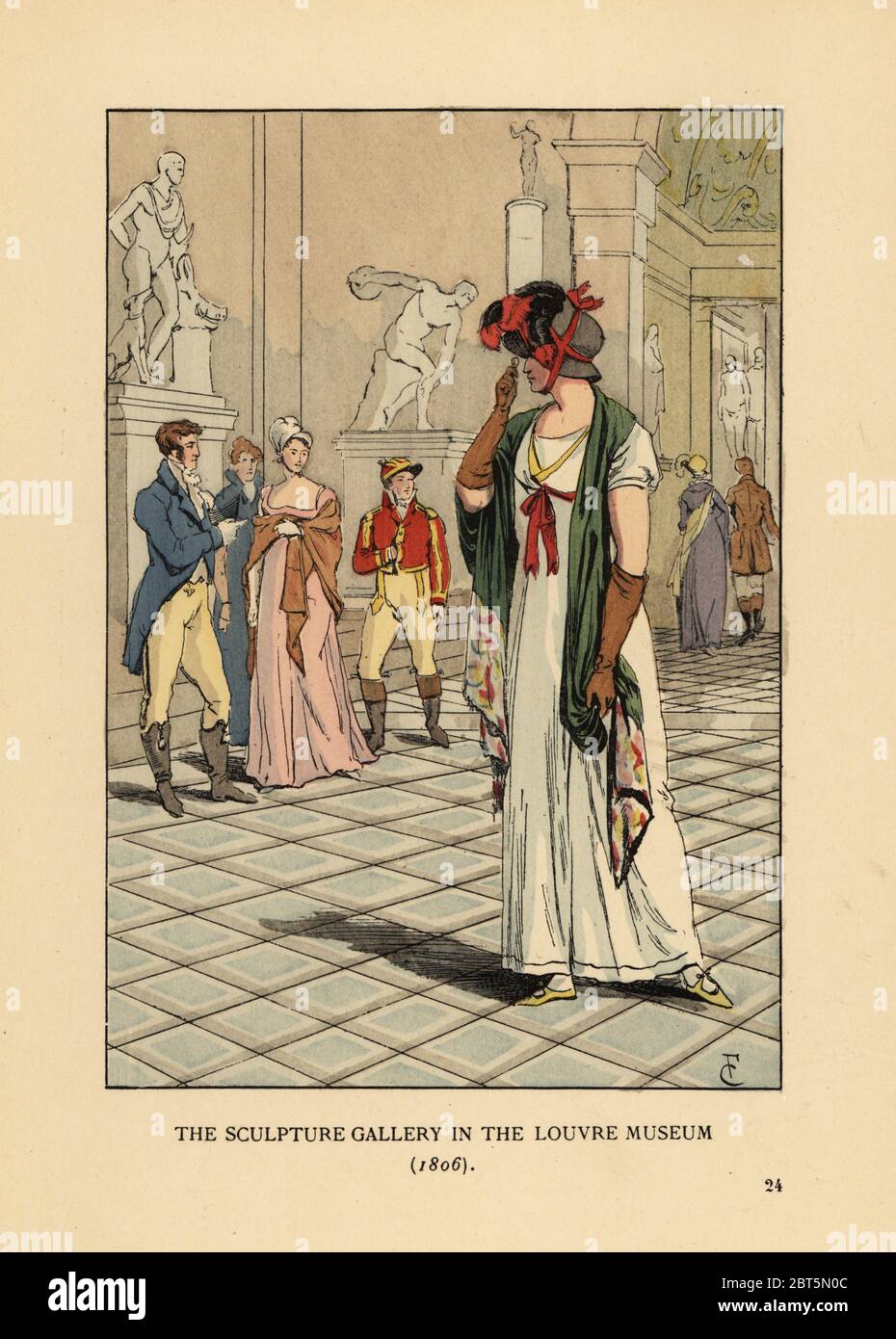 Donna alla moda nella galleria di sculture del Museo del Louvre, 1806. Indossa un cofano di paglia con piume, si sciabola su un abito a vita alta. Il discus lanciatore Discobolo di Myron e altre statue greche dietro. Litografia colorata a mano di R.V. dopo un'illustrazione di Francois Courboin da Octave Uzannes Fashion a Parigi, William Heinemann, Londra, 1898. Foto Stock