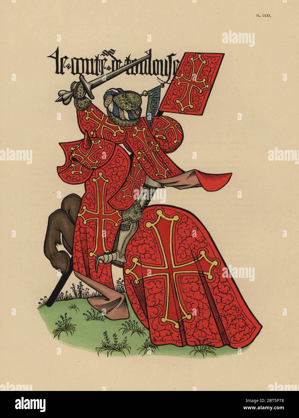 Conte di Tolosa, Comte de Toulouse, con standard. Chromolithograph da Loredan Larchey's Ancien Armorial Equestre de la Toison d'Or et de l'Europe au 15e siecle (Antica Armorials equestre dell'ordine del vello d'oro e l'Europa nel XV secolo), Parigi, 1890. Dal manoscritto illustrato 4790 nella Bibliotheque de l'Arsenal. Foto Stock