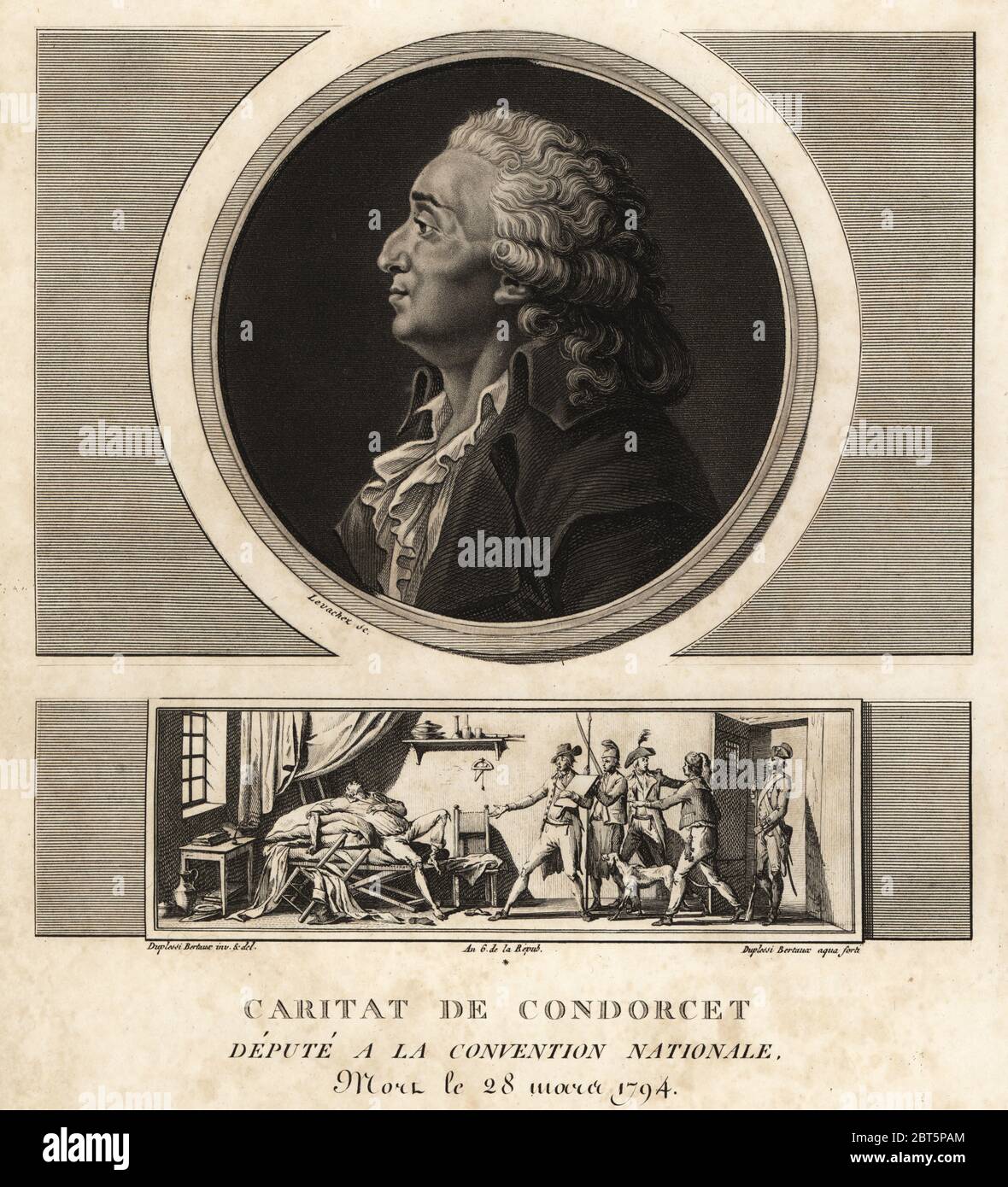 Caritat de Condorcet (1743-1794), filosofo francese e mathematian. Vignette della sua morte nella sua cella di prigione da veleno. Mezzatinta disegnato e inciso da Jean Duplessis-Bertaux dalla sua collezione completa de 60 ritratti des Personnages qui ont le plus figura dans la Rivoluzione Francaise, Auber, coppie, 1800. Ritratto inciso da Charles Francois Gabriel Levachez. Foto Stock