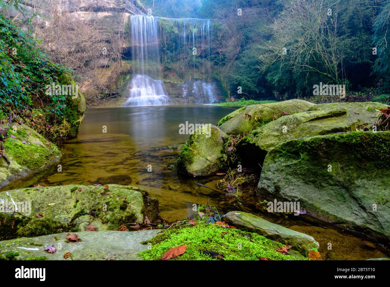 Piccola cascata con un bellissimo stagno e rocce ricoperte di muschio. Foto Stock