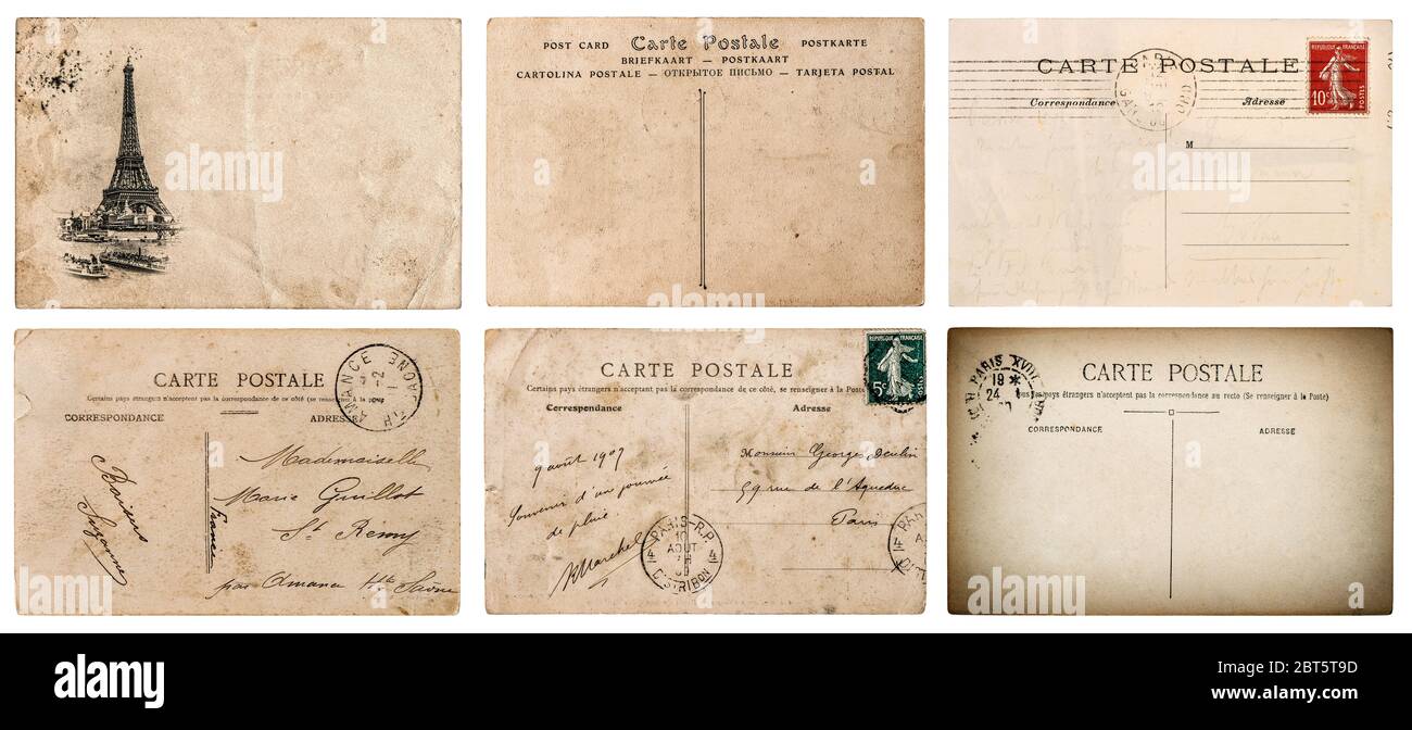 Cartolina francese d'epoca con timbro da Parigi. Sfondo carta stile retro. Set di elementi album Foto Stock