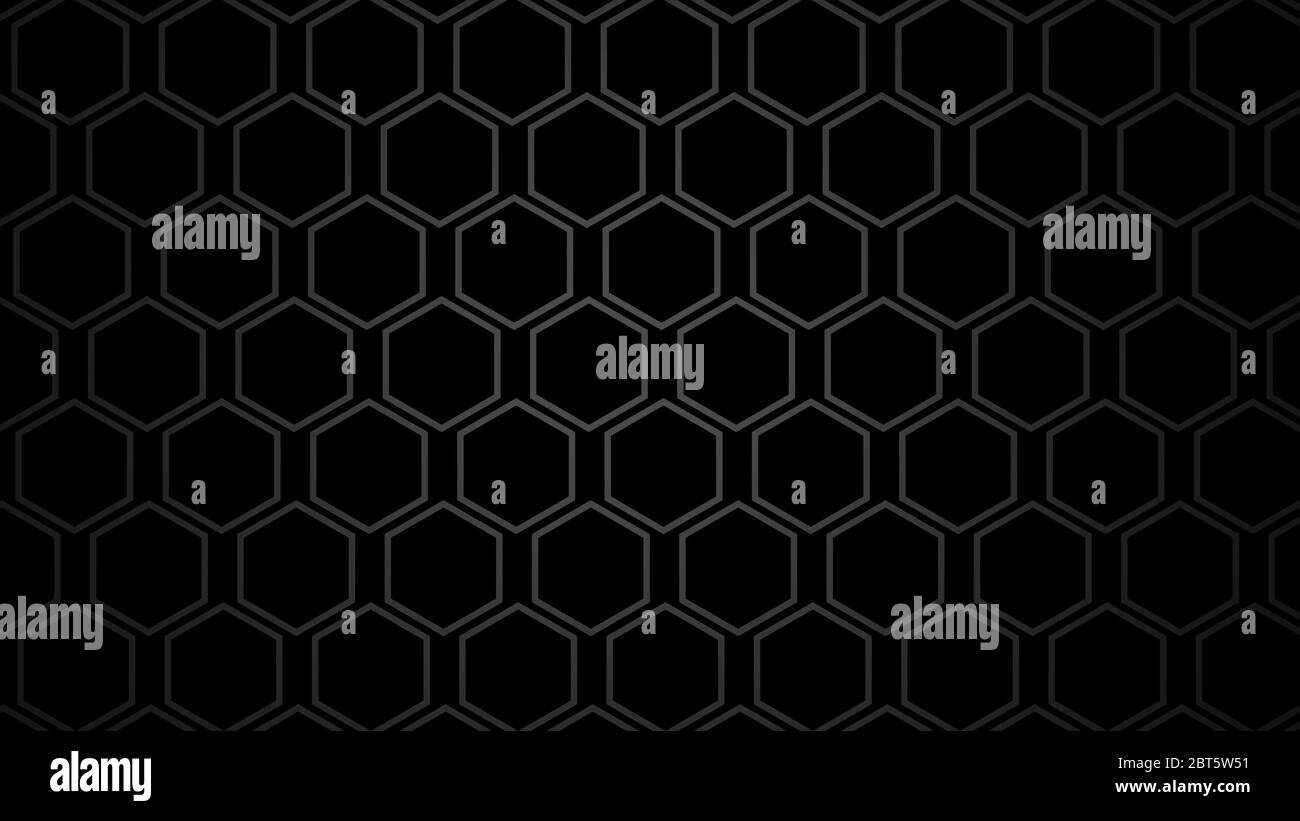 Sfondo nero astratto, esagoni o nidi d'ape, rendering 3D, concetto di connessione di rete esagonale, disegno di illustrazione geometrica, disposizione piatta Foto Stock