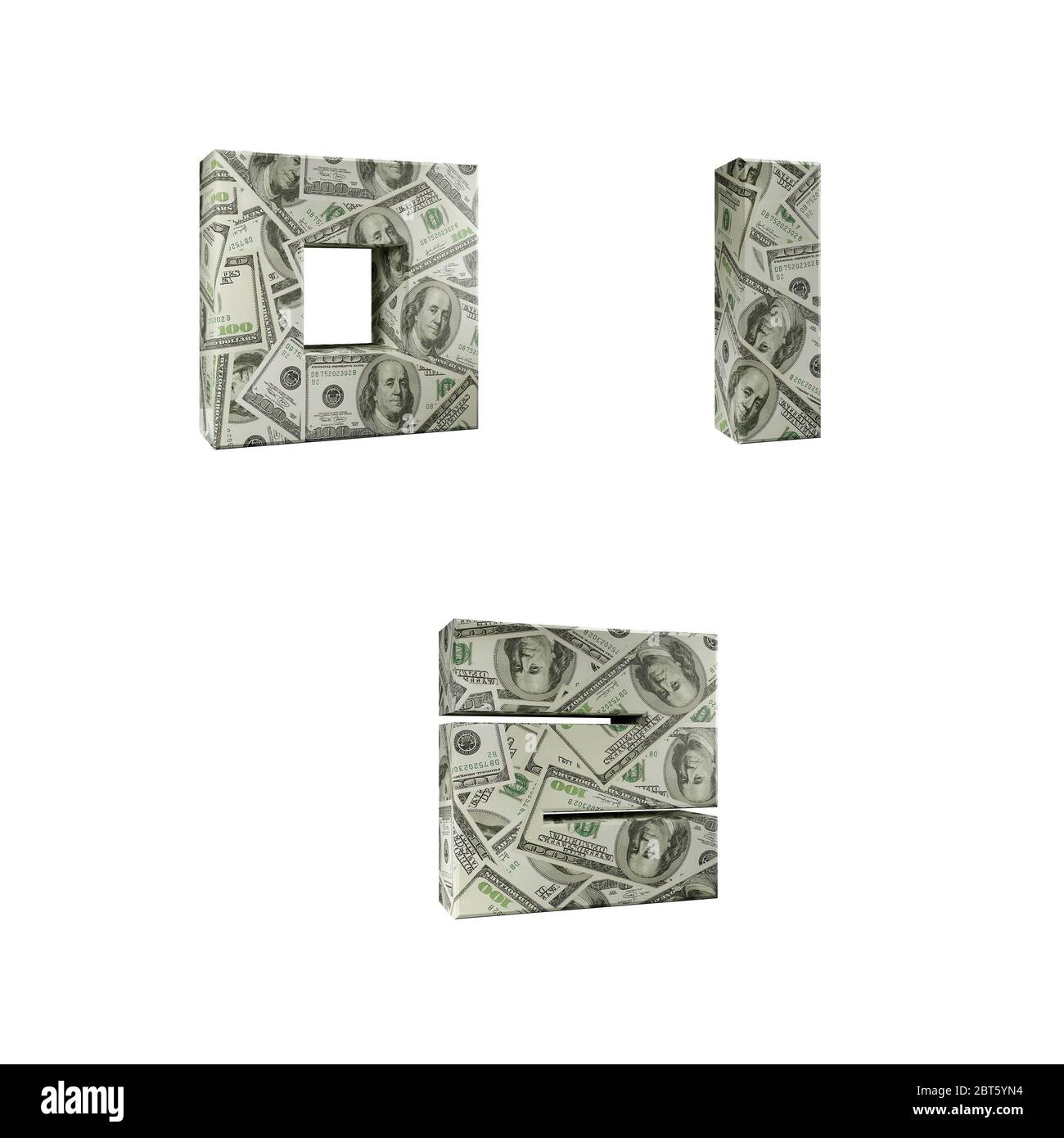 Alfabeto 3D avvolto intorno con banconote in 100 dollari, cifre 0-2 su sfondo bianco Foto Stock