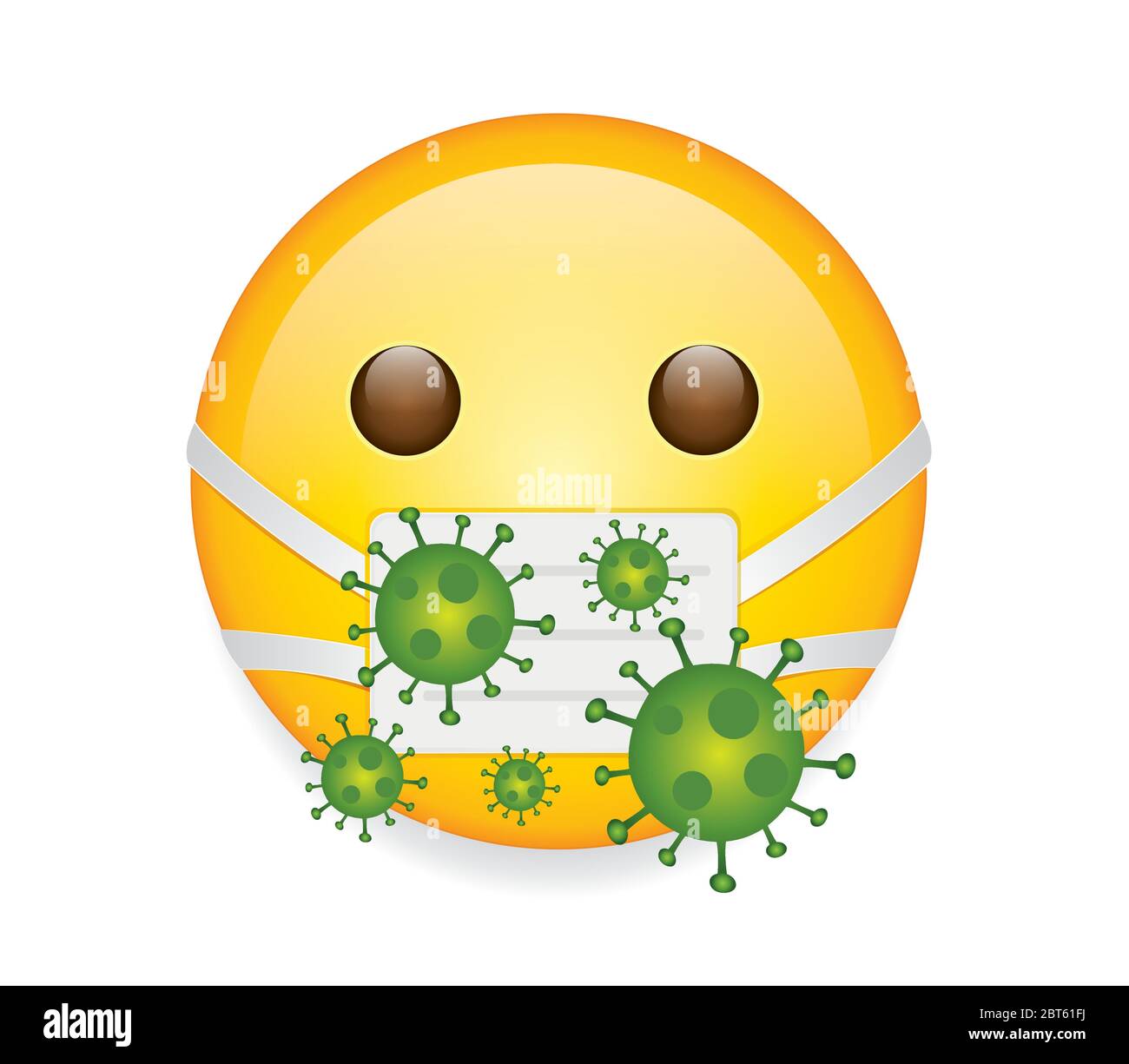 Emoticon di alta qualità su sfondo bianco. Emoji con occhi aperti.viso con maschera medica e virus emoji.Yellow viso emoji con vettore batterico . Illustrazione Vettoriale
