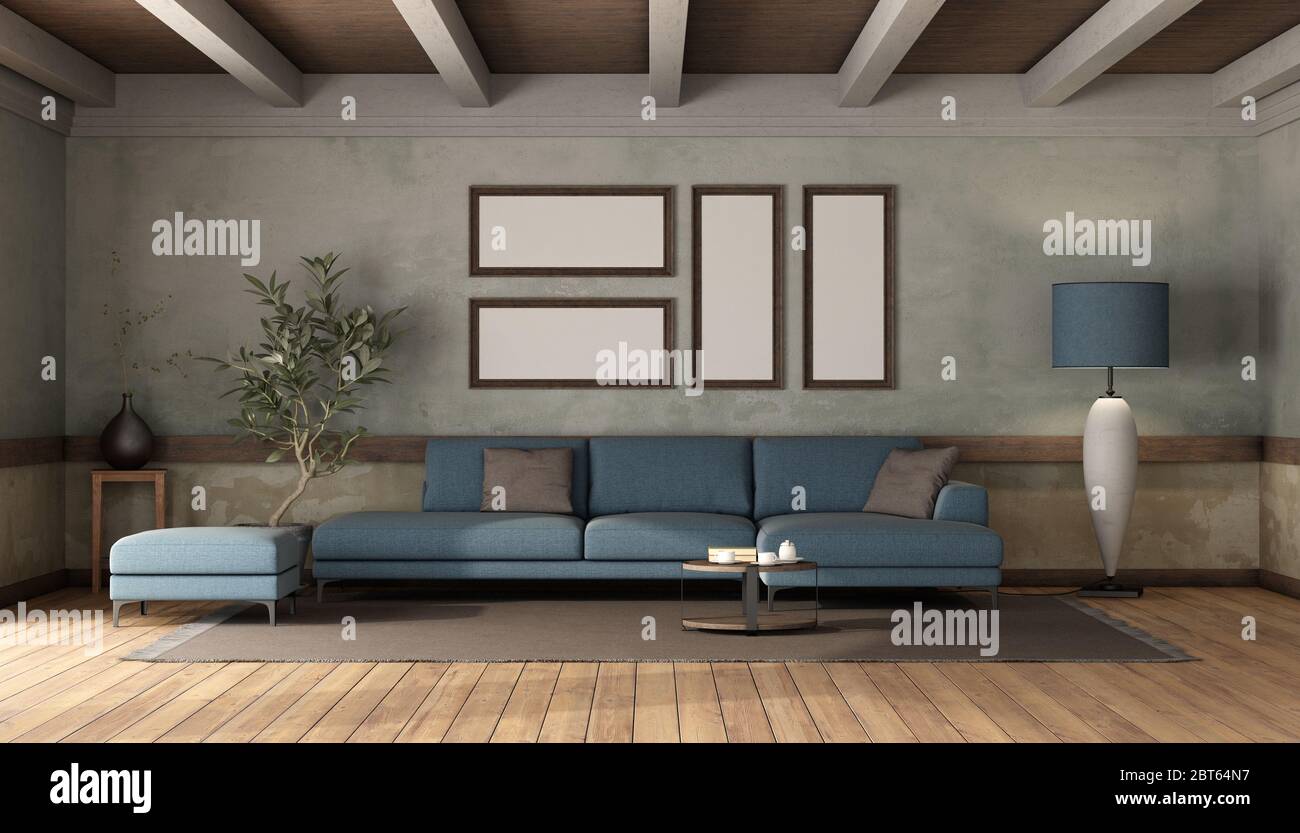 Moderno divano blu e poggiapiedi in una camera retrò con vecchie pareti - rendering 3d Foto Stock