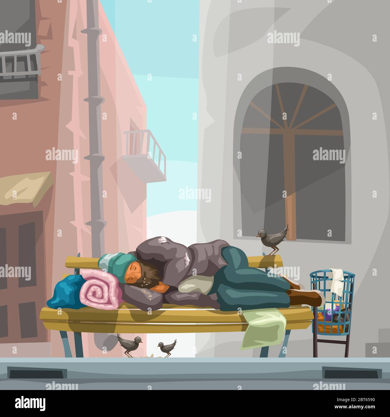 senza tetto dormendo sulla panca della città Illustrazione Vettoriale