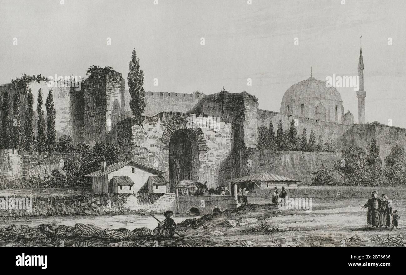 Turchia. Costantinopoli (oggi Istanbul). La porta di Charisius, conosciuta anche come Edirnekapi o porta Adrianopoli. Incisione di Lemaitre, Vormser e Fonnstecher. Historia de Turquia, di Joseph Marie Jouannin (1783-1844) e Jules Van Gaver, 1840. Foto Stock