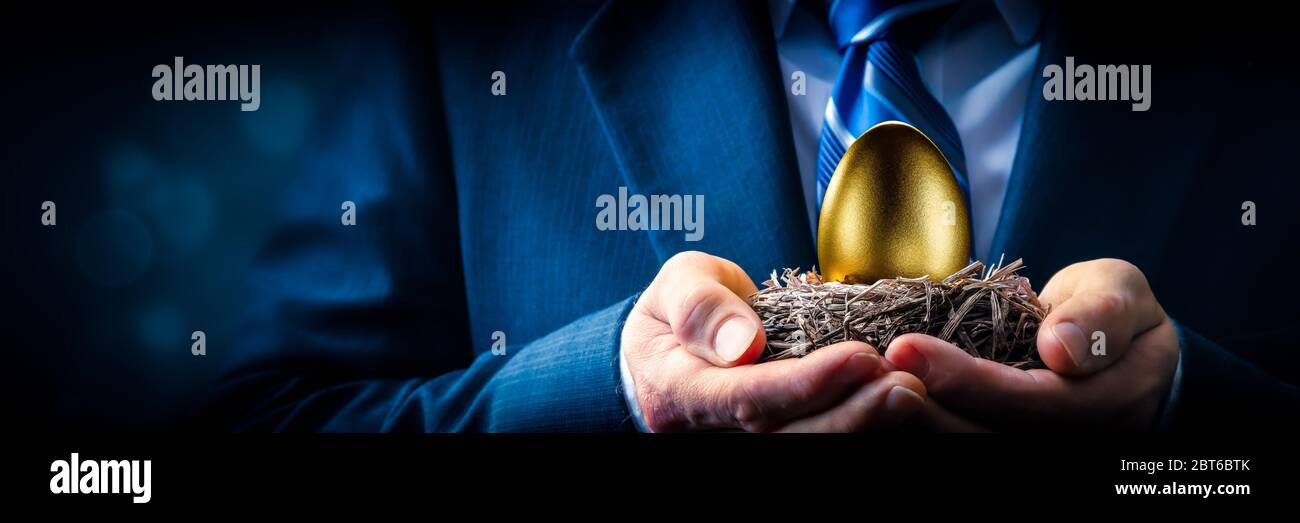 Hands of Business Man Holding Golden Nest Egg - concetto di investimento Foto Stock