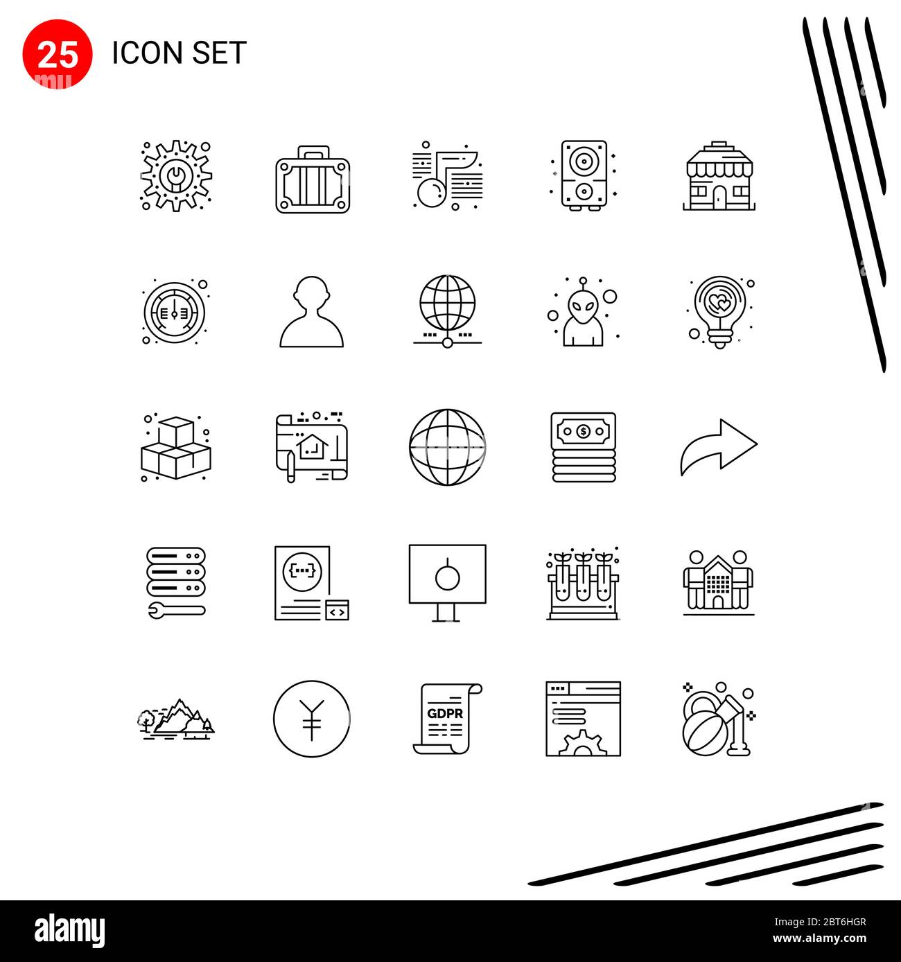 Set di 25 icone moderne dell'interfaccia utente simboli per negozi, edifici, note, suoni, elementi multimediali editabili di Vector Design Illustrazione Vettoriale