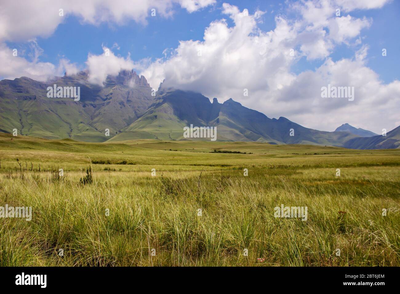 Cathkin Peak e Sterkhorn montagne del Drakensberg, avvolto in basse nuvole Foto Stock