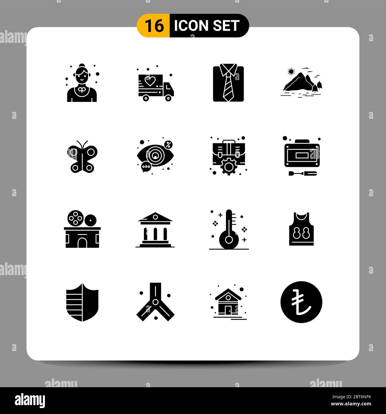 Set di 16 icone moderne dell'interfaccia utente simboli per farfalla, montagna, vestiti, paesaggio, natura elementi editabili di disegno vettoriale Illustrazione Vettoriale