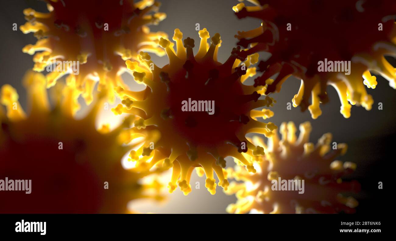 Una vista ravvicinata microscopica delle particelle di coronavirus in sospensione con bordi gialli brillanti - rendering 3D Foto Stock
