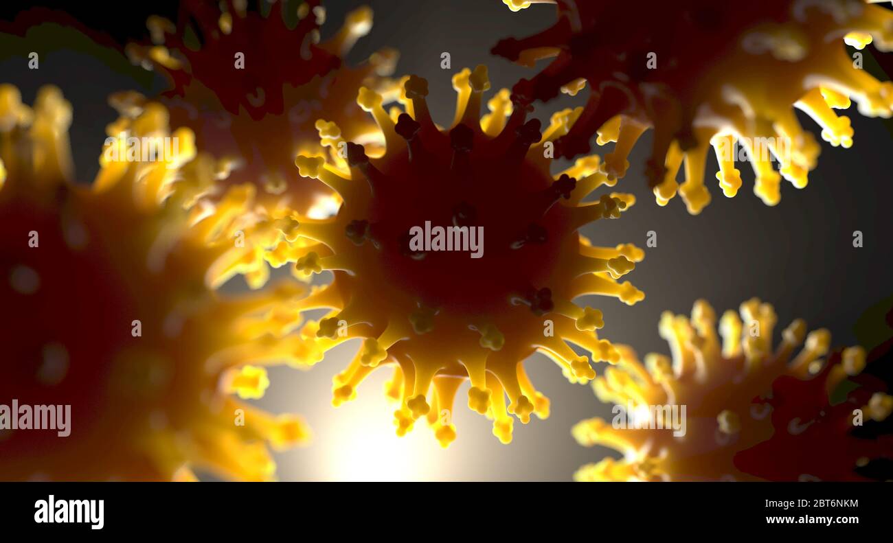 Una vista ravvicinata microscopica delle particelle di coronavirus in sospensione con bordi gialli brillanti - rendering 3D Foto Stock