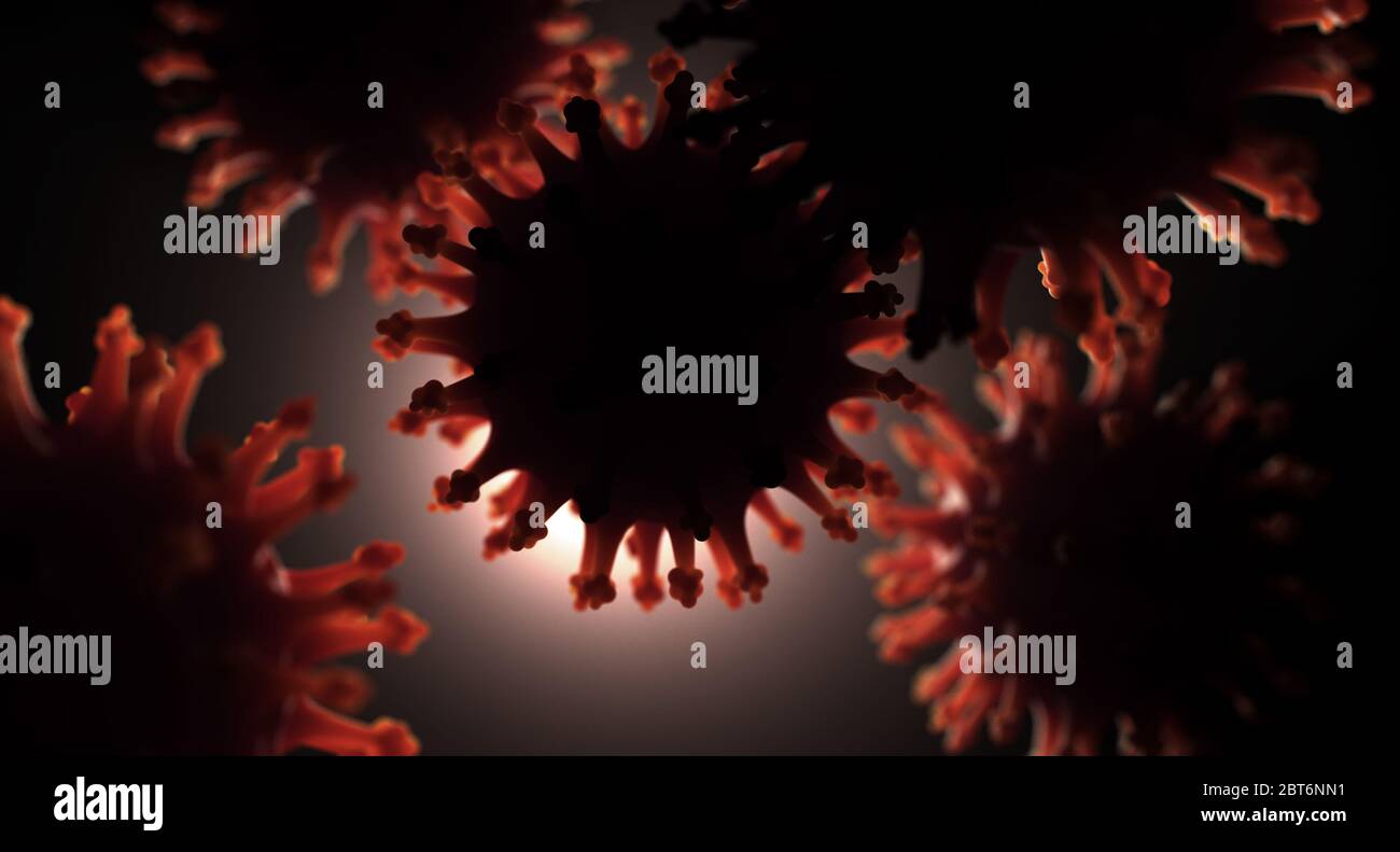Una vista ravvicinata microscopica delle particelle di coronavirus in sospensione con bordi rossi brillanti - rendering 3D Foto Stock