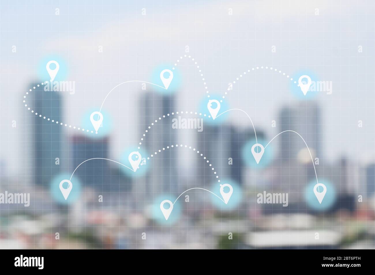 Icona della posizione della mappa e connessione con sfondo della città sfocato. Foto Stock