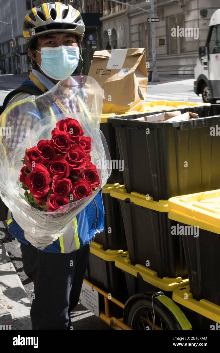 Consegna Messenger con carla Cargo trailer e e-bike consegna cibo e fiori a Midtown Manhattan durante la pandemia COVID-19, New York City, USA Foto Stock