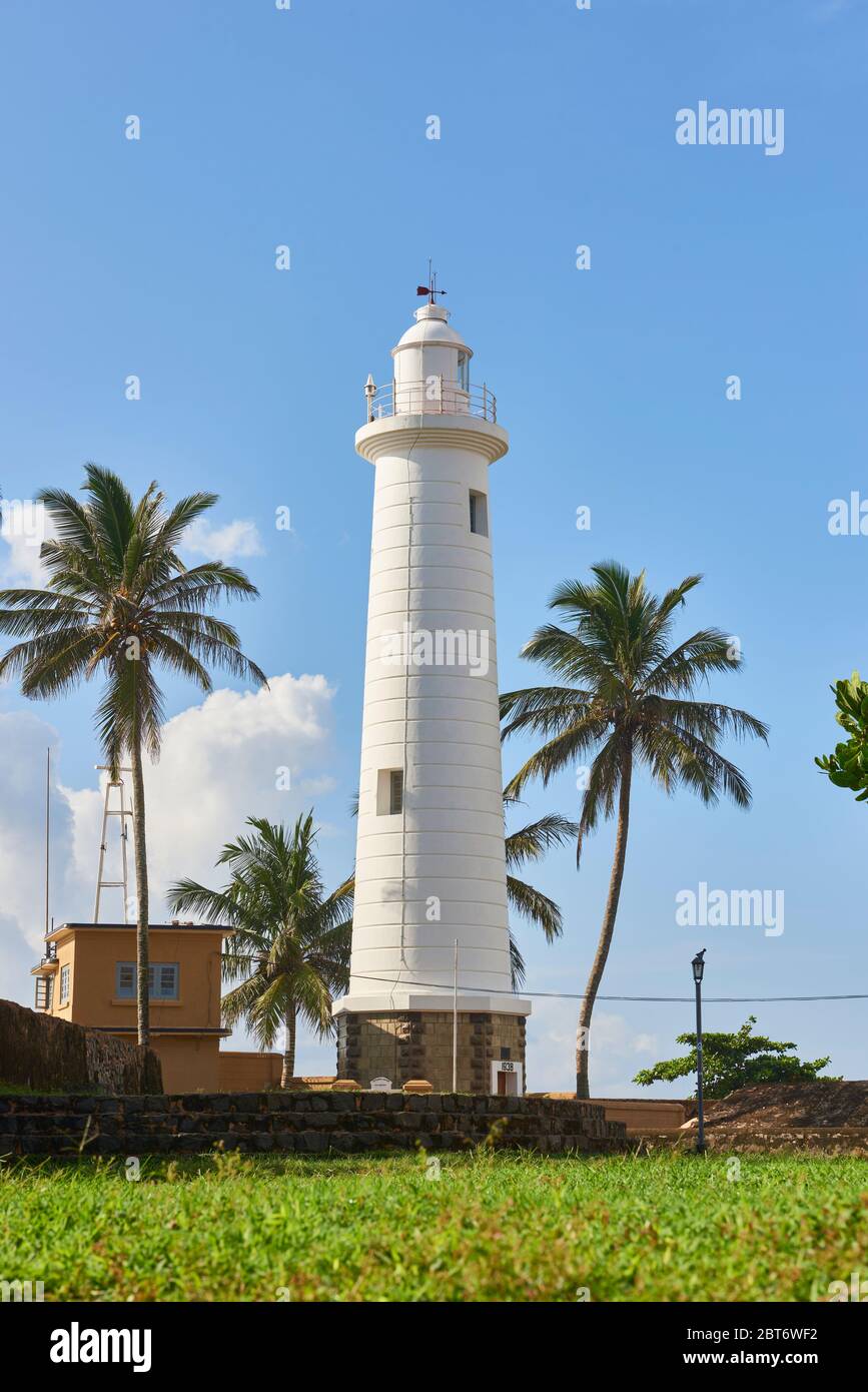 Foto diurna del famoso faro di Galle circondato da palme da cocco, a Fort Galle, Sri Lanka. Foto Stock