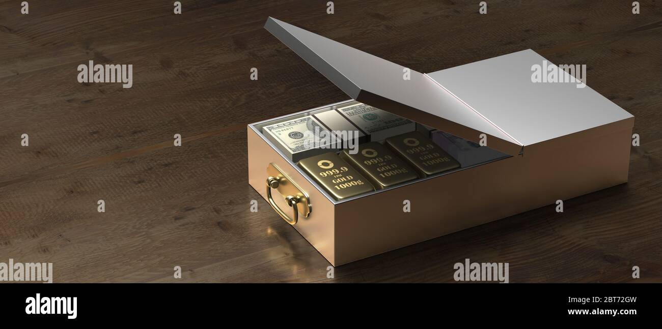 Cassetta di sicurezza piena di denaro contante e lingotti d'oro su uno sfondo di tavola di legno. Concetto di valori di sicurezza della banca. illustrazione 3d Foto Stock