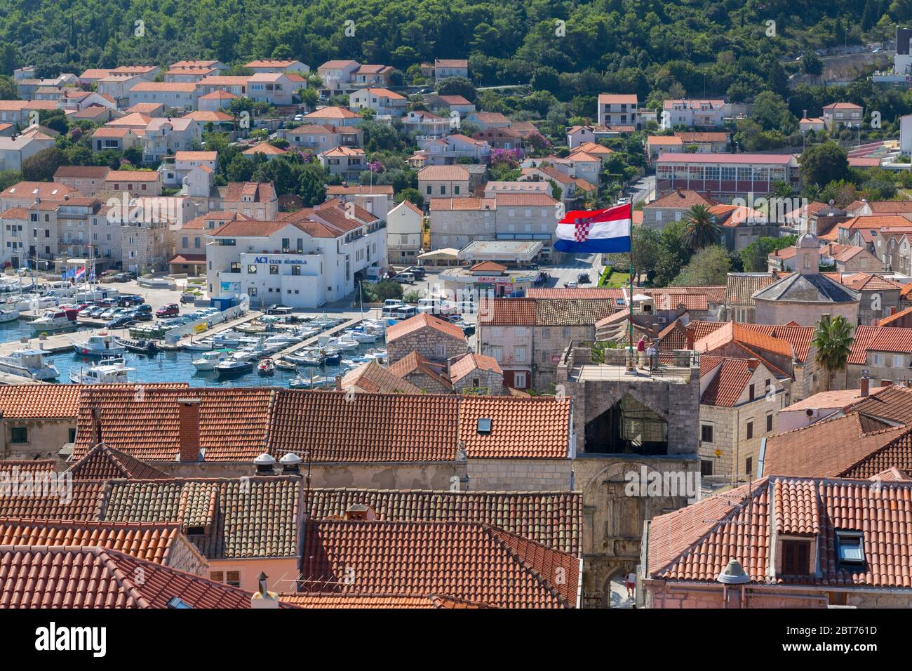 Vista da Katedrala Svetog Marka a Korcula Città, Korcula, Dalmazia, Croazia, Europa Foto Stock