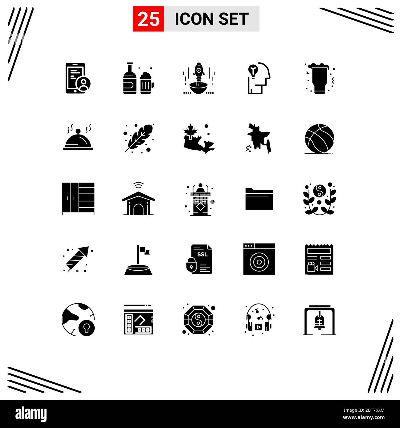 Set di 25 glifi solidi semplici di elementi umani, bulbo, lancio, idea, imprenditore Editable Vector Design Illustrazione Vettoriale