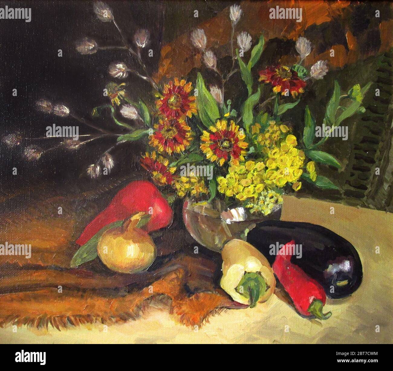 Ancora vita con i fiori di Agplant e di autunno, pittura ad olio Foto Stock