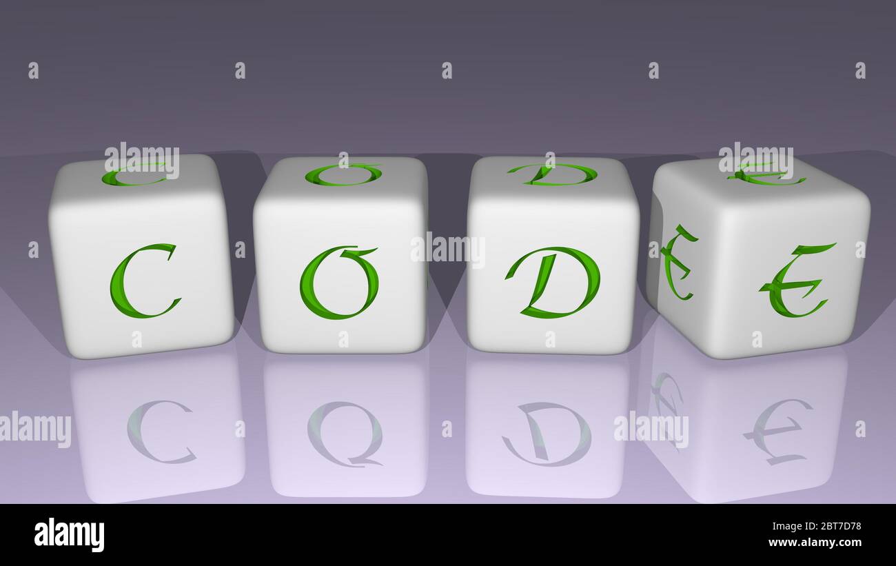 Codice alfabetico disposto da lettere cubiche su un pavimento a specchio, significato del concetto e presentazione in prospettiva 3D Foto Stock