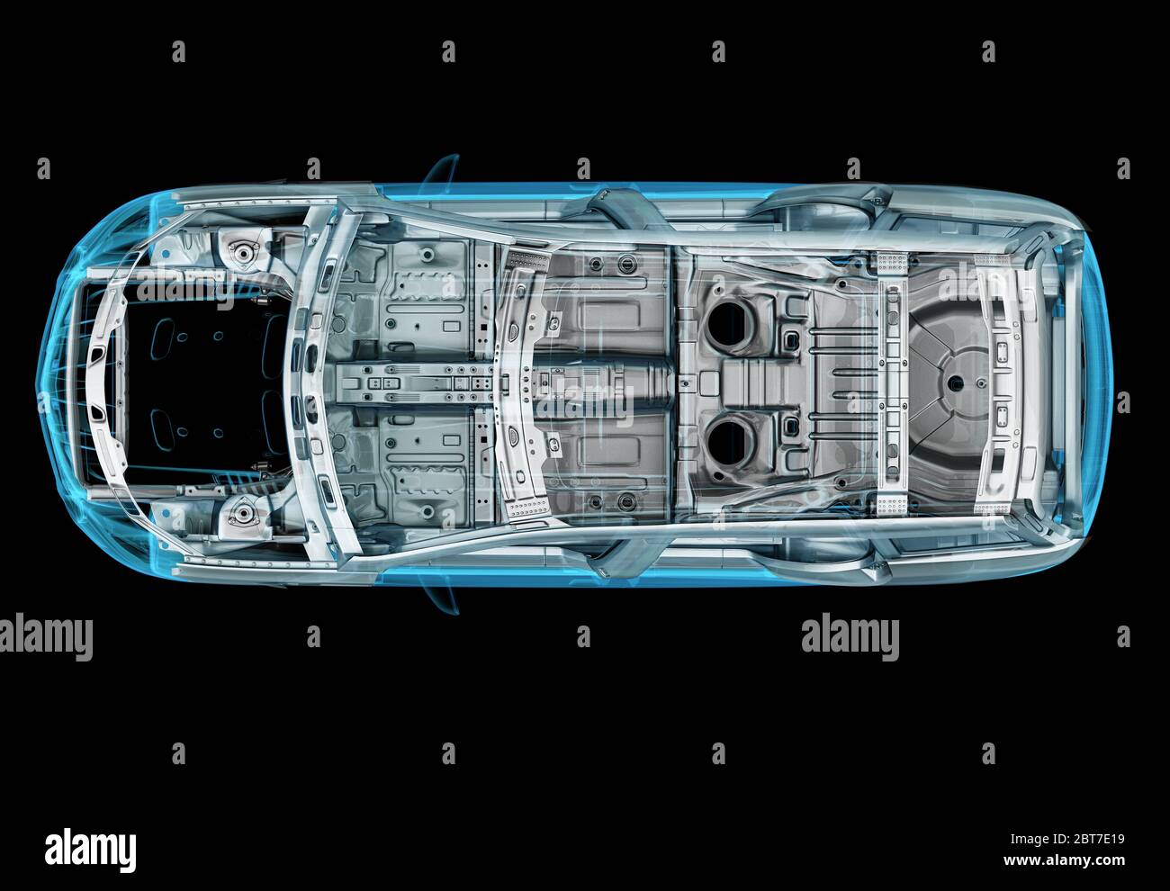 Illustrazione tecnica 3d di un'auto SUV con effetto raggi X e sistema di telaio. Vista dall'alto su sfondo nero. Foto Stock