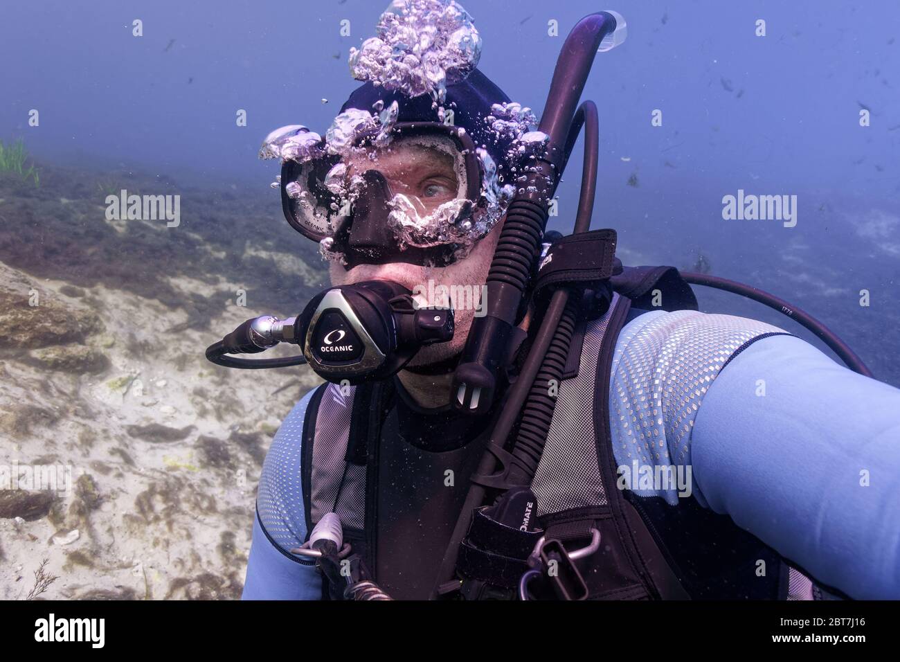 23 MAGGIO 2020, CRYSTAL RIVER, FL: Un anziano SUBACQUEO accende la fotocamera per catturare un ritratto subacqueo nella Primavera di Hunters. Foto Stock
